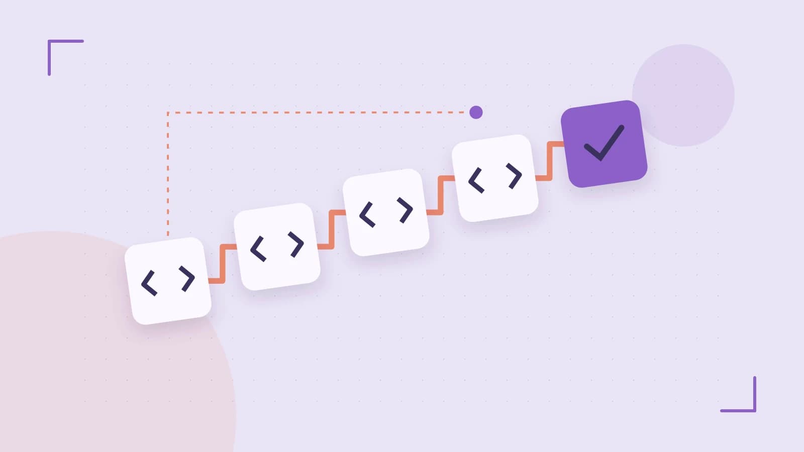 Editorial illustration of a branching build pipeline, staged transformations and a completed check
