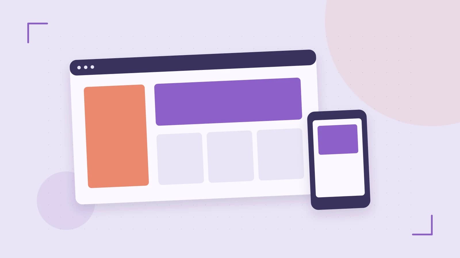 Editorial illustration of responsive browser layouts, overlapping design components and a color system