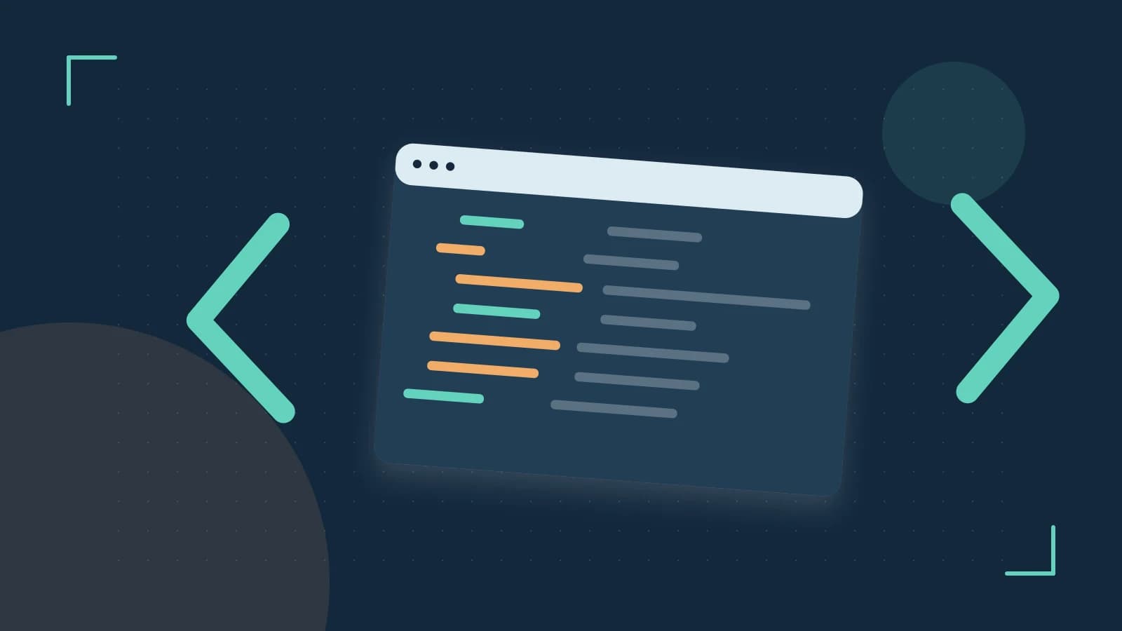 Editorial illustration of an abstract code editor, syntax blocks and oversized programming brackets