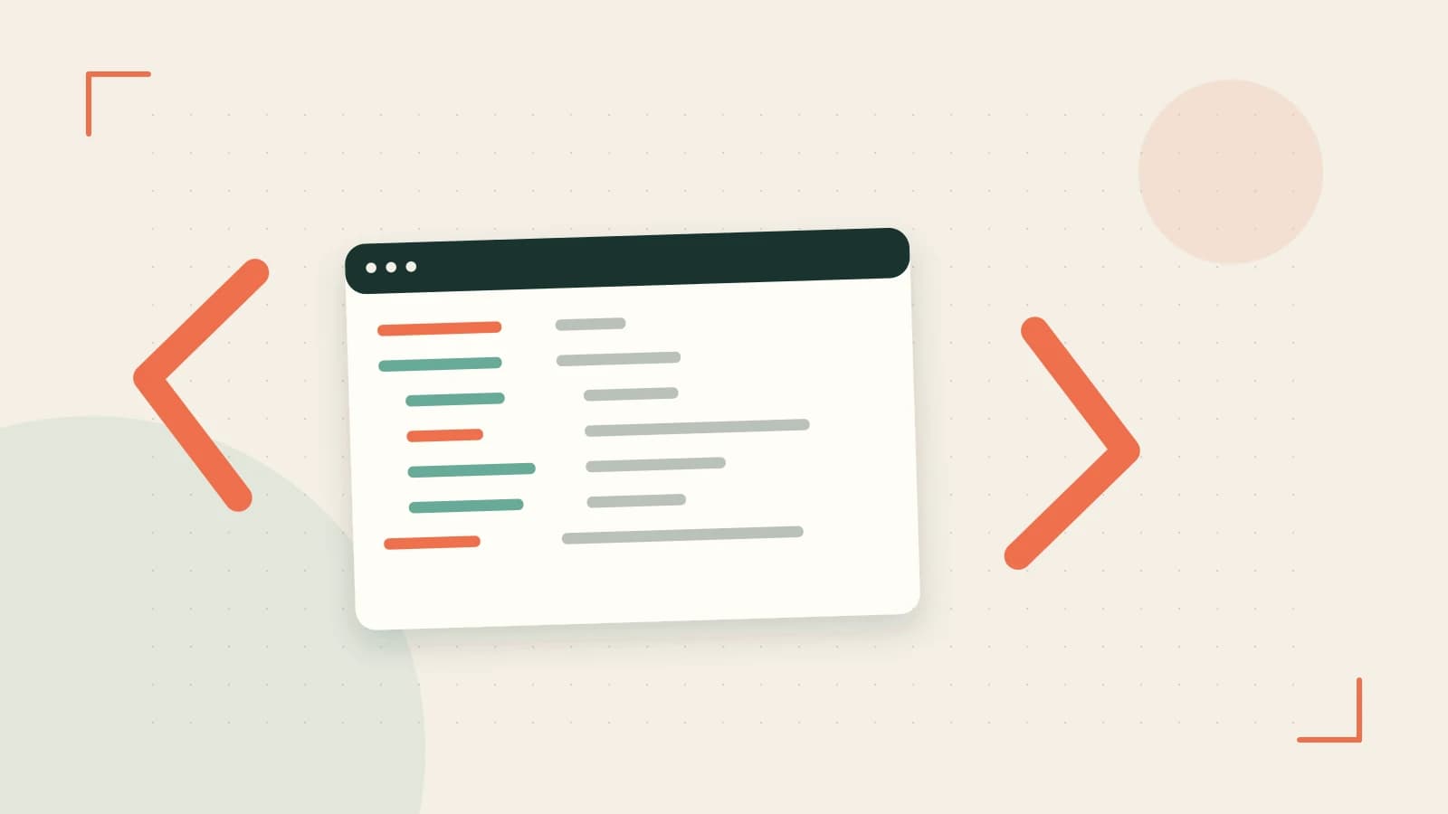 Editorial illustration of an abstract code editor, syntax blocks and oversized programming brackets