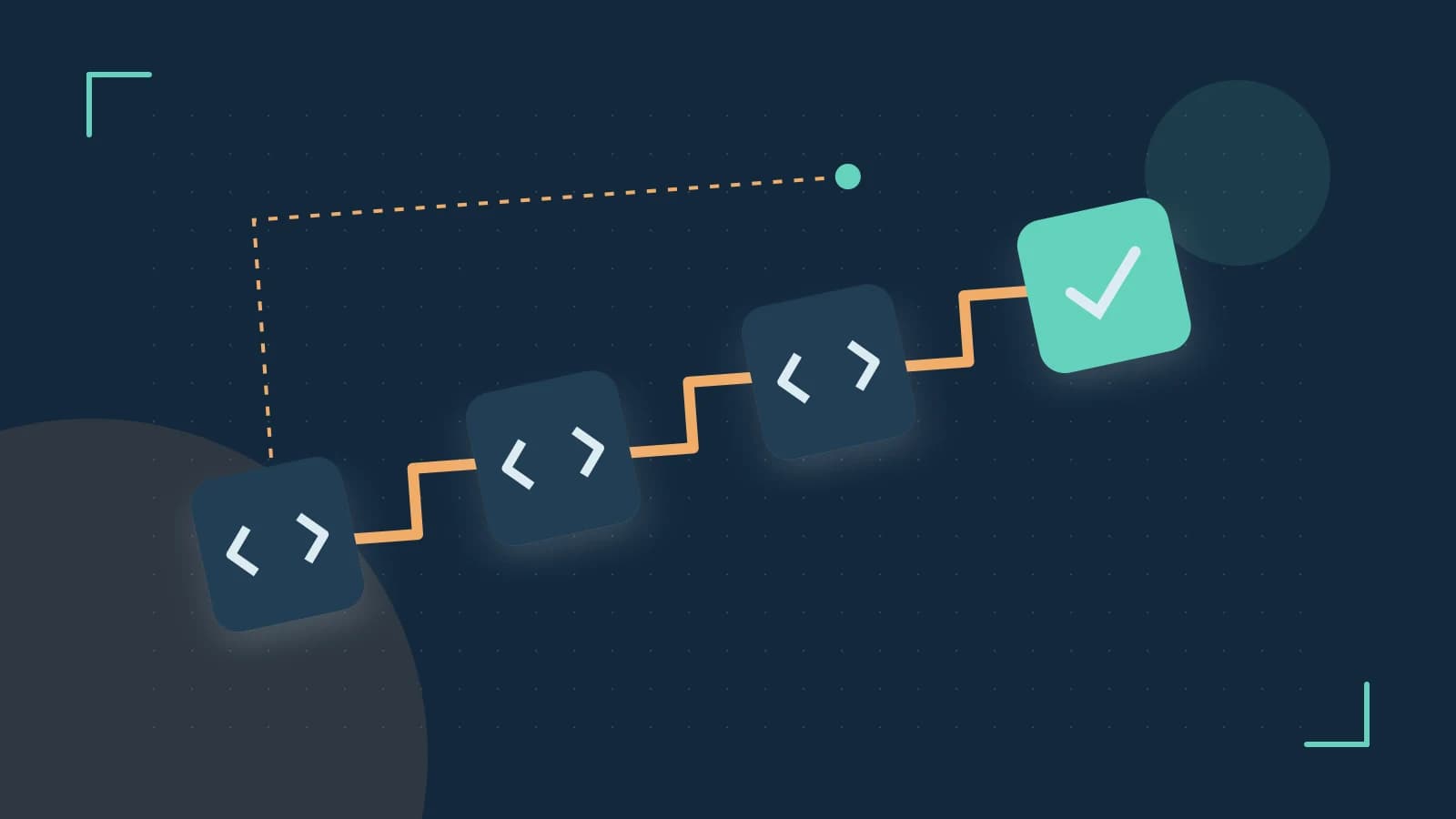 Editorial illustration of a branching build pipeline, staged transformations and a completed check
