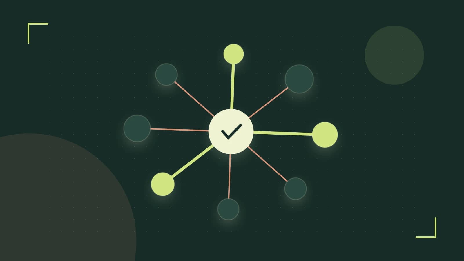 Editorial illustration of an algorithmic node graph with branching paths and a highlighted result