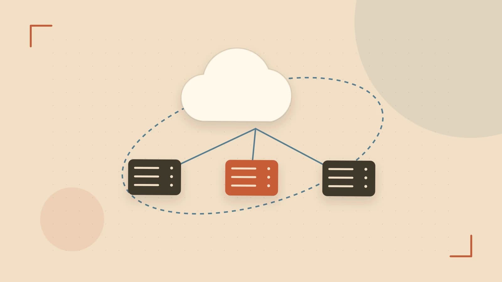 Editorial illustration of cloud infrastructure, connected server racks and an orbital service map