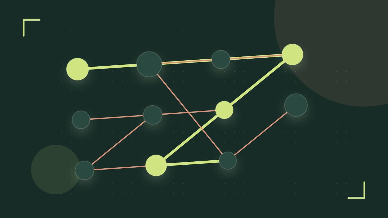 Editorial illustration of an algorithmic node graph with branching paths and a highlighted result