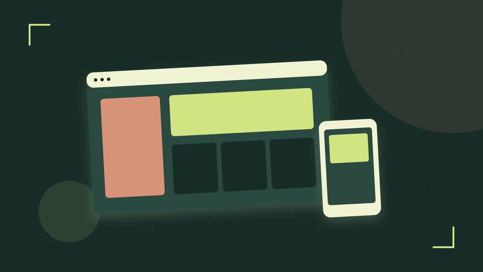 Editorial illustration of responsive browser layouts, overlapping design components and a color system