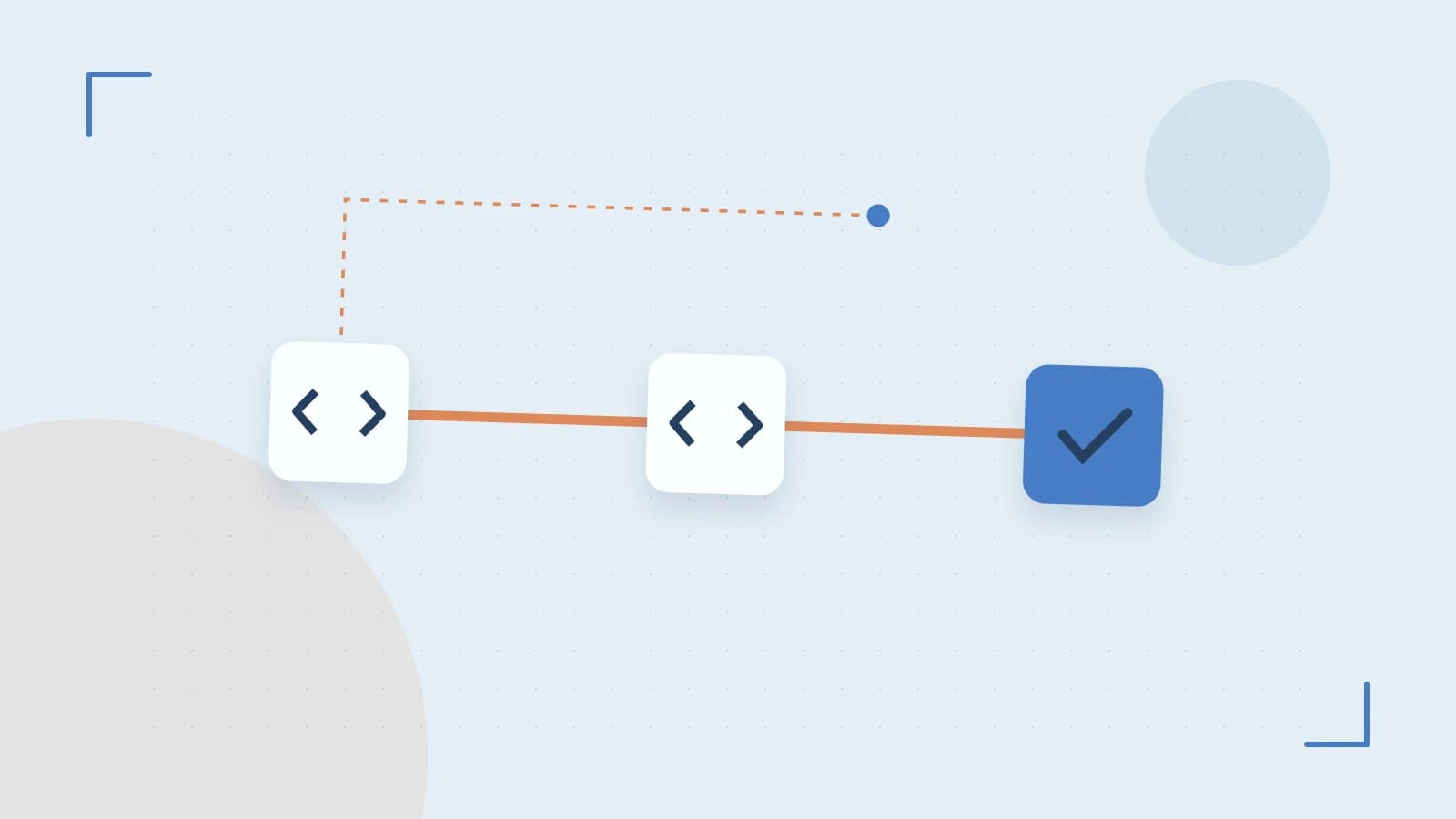 Editorial illustration of a branching build pipeline, staged transformations and a completed check