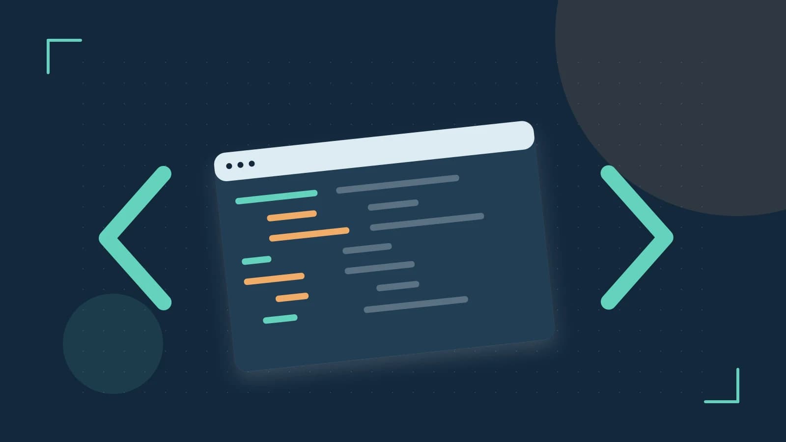 Editorial illustration of an abstract code editor, syntax blocks and oversized programming brackets