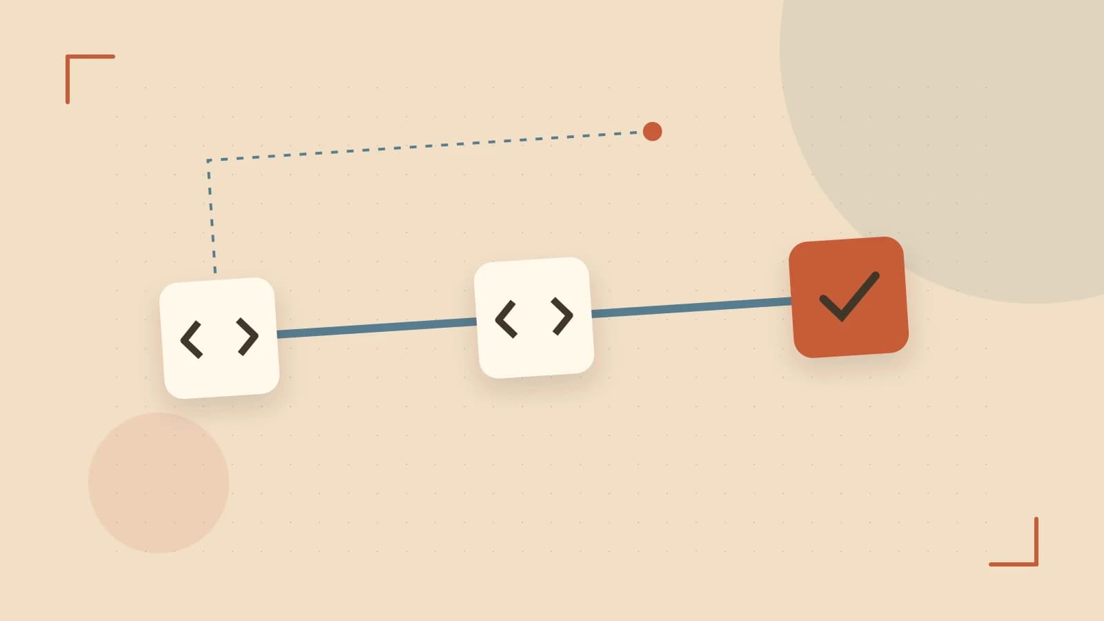 Editorial illustration of a branching build pipeline, staged transformations and a completed check