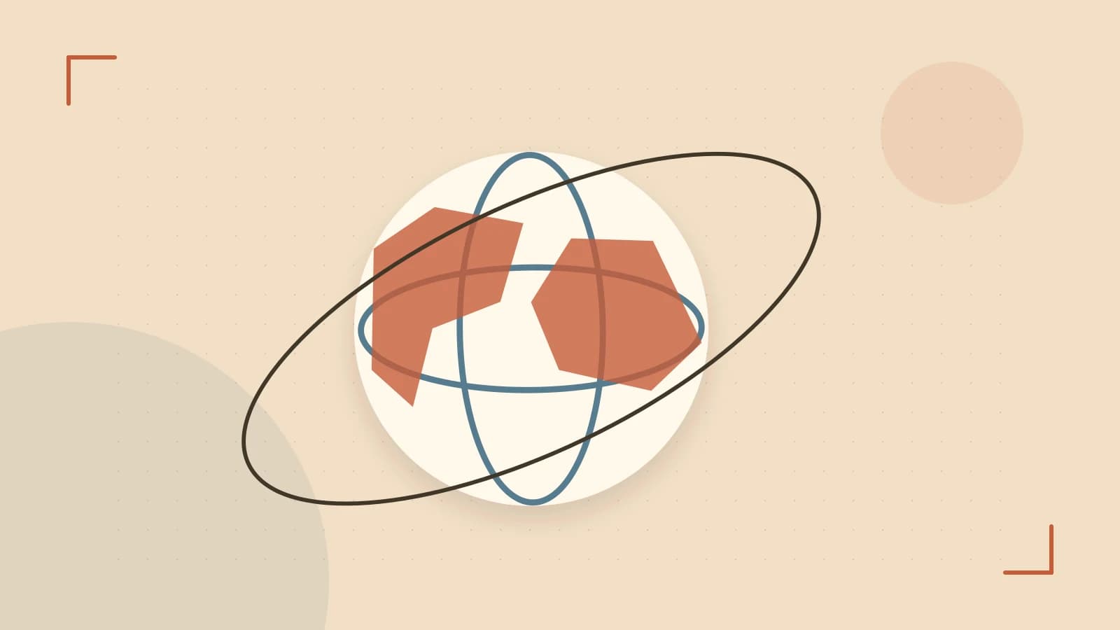 Editorial illustration of an editorial globe with meridians and layered geographic shapes