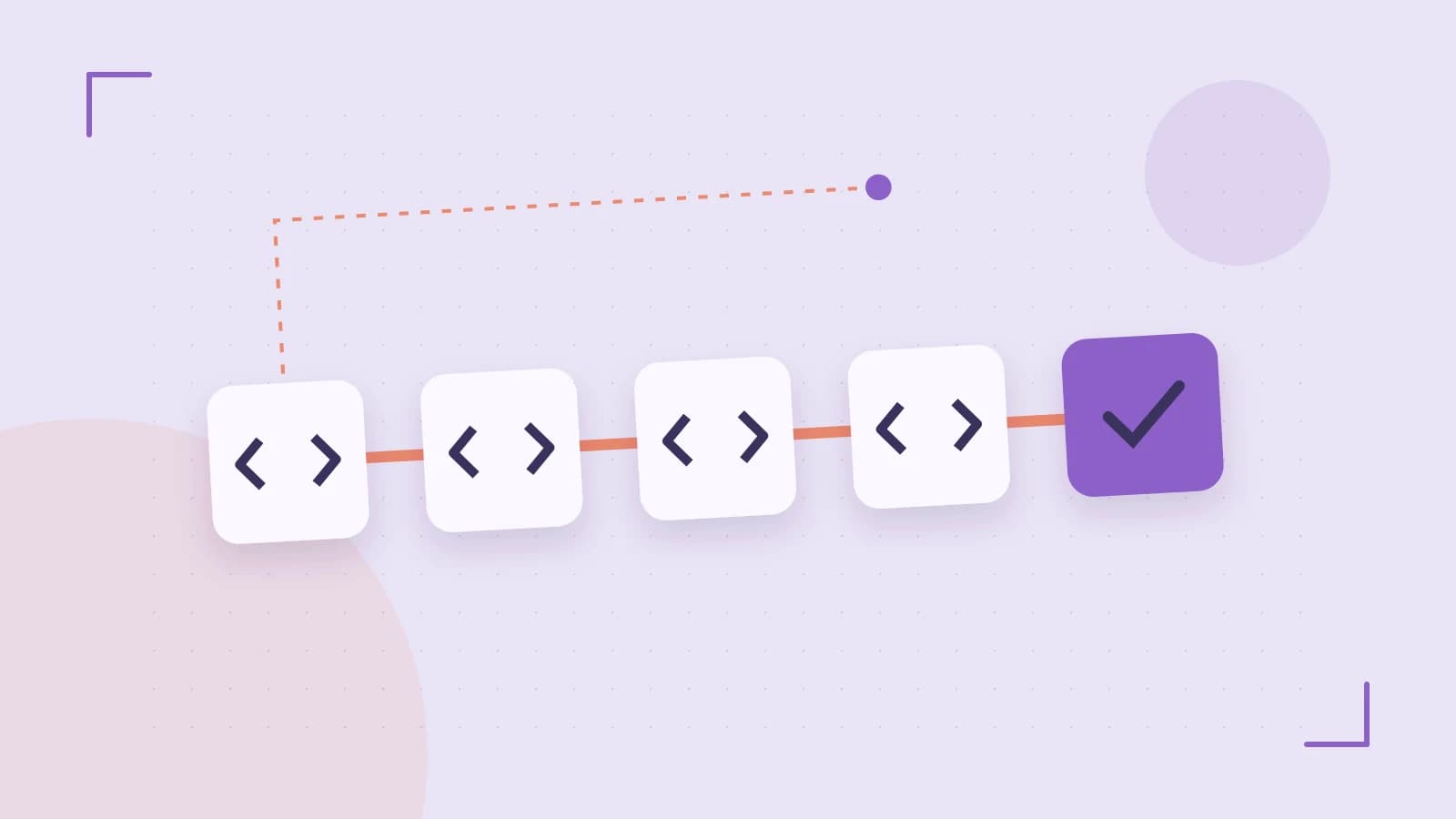 Editorial illustration of a branching build pipeline, staged transformations and a completed check