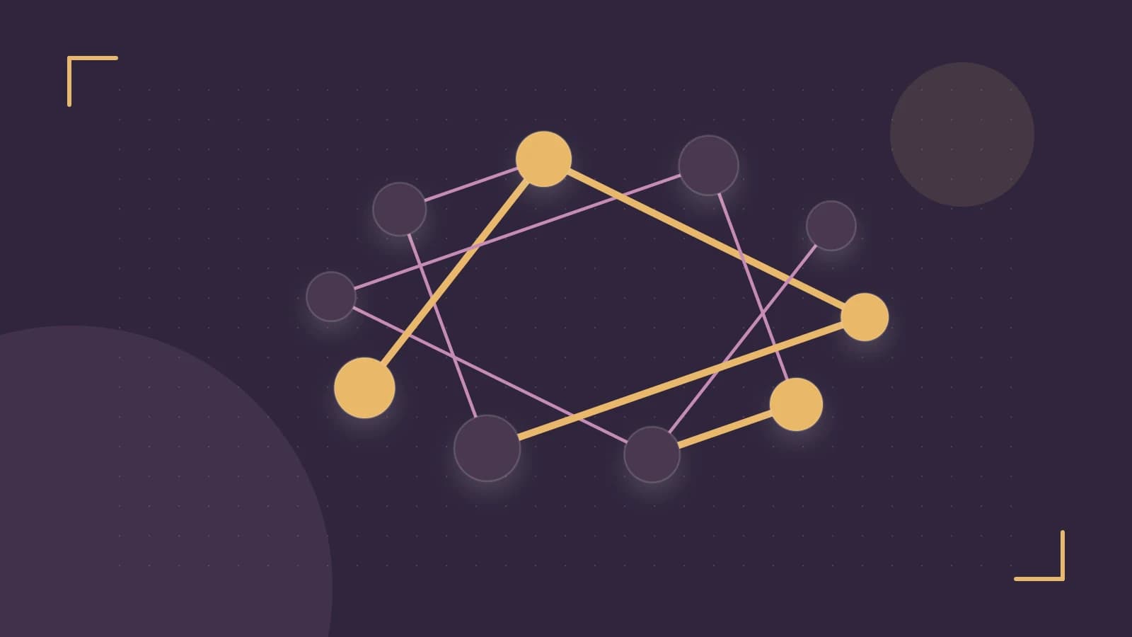 Editorial illustration of an algorithmic node graph with branching paths and a highlighted result