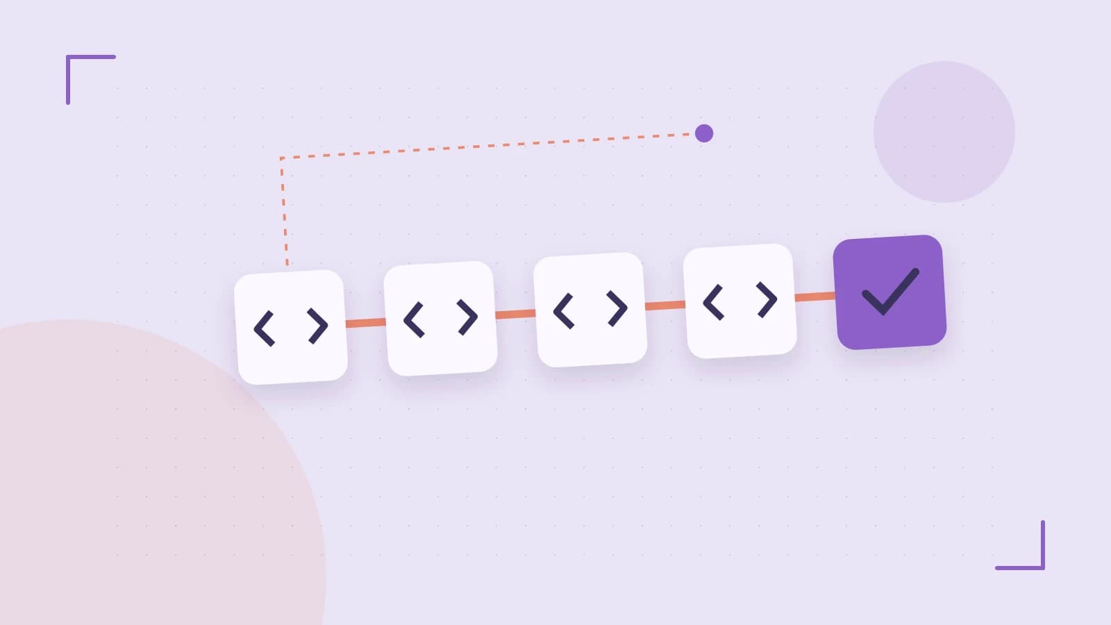 Editorial illustration of a branching build pipeline, staged transformations and a completed check