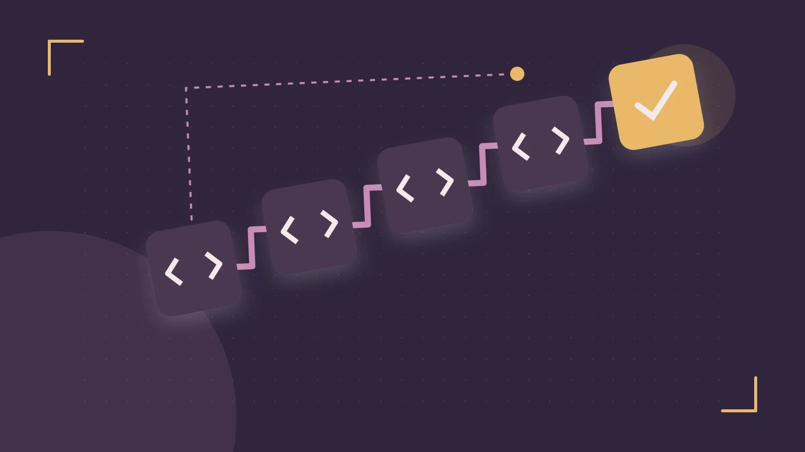Editorial illustration of a branching build pipeline, staged transformations and a completed check