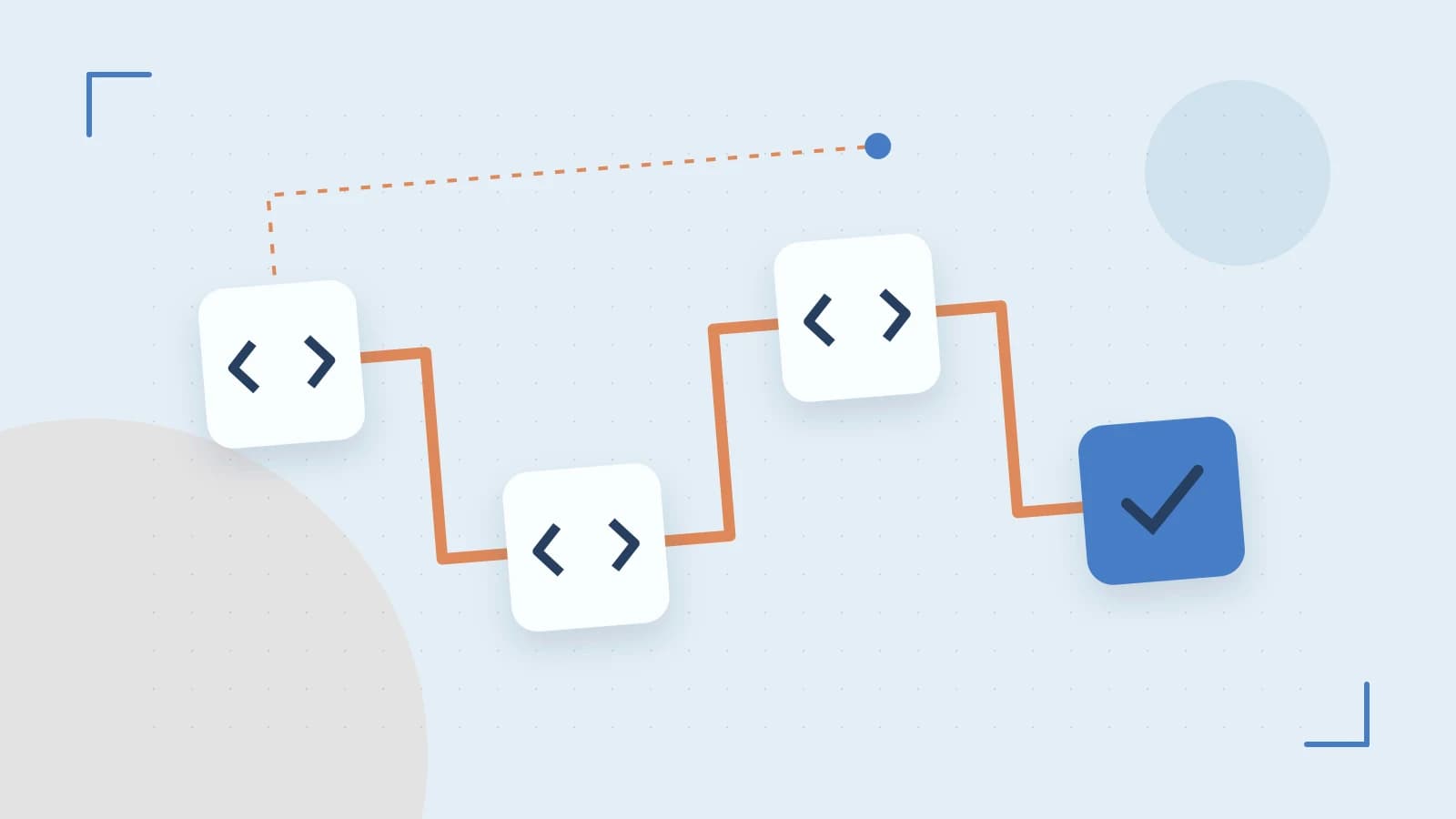 Editorial illustration of a branching build pipeline, staged transformations and a completed check
