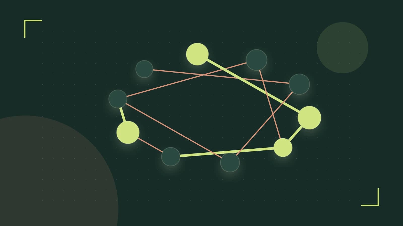 Editorial illustration of an algorithmic node graph with branching paths and a highlighted result