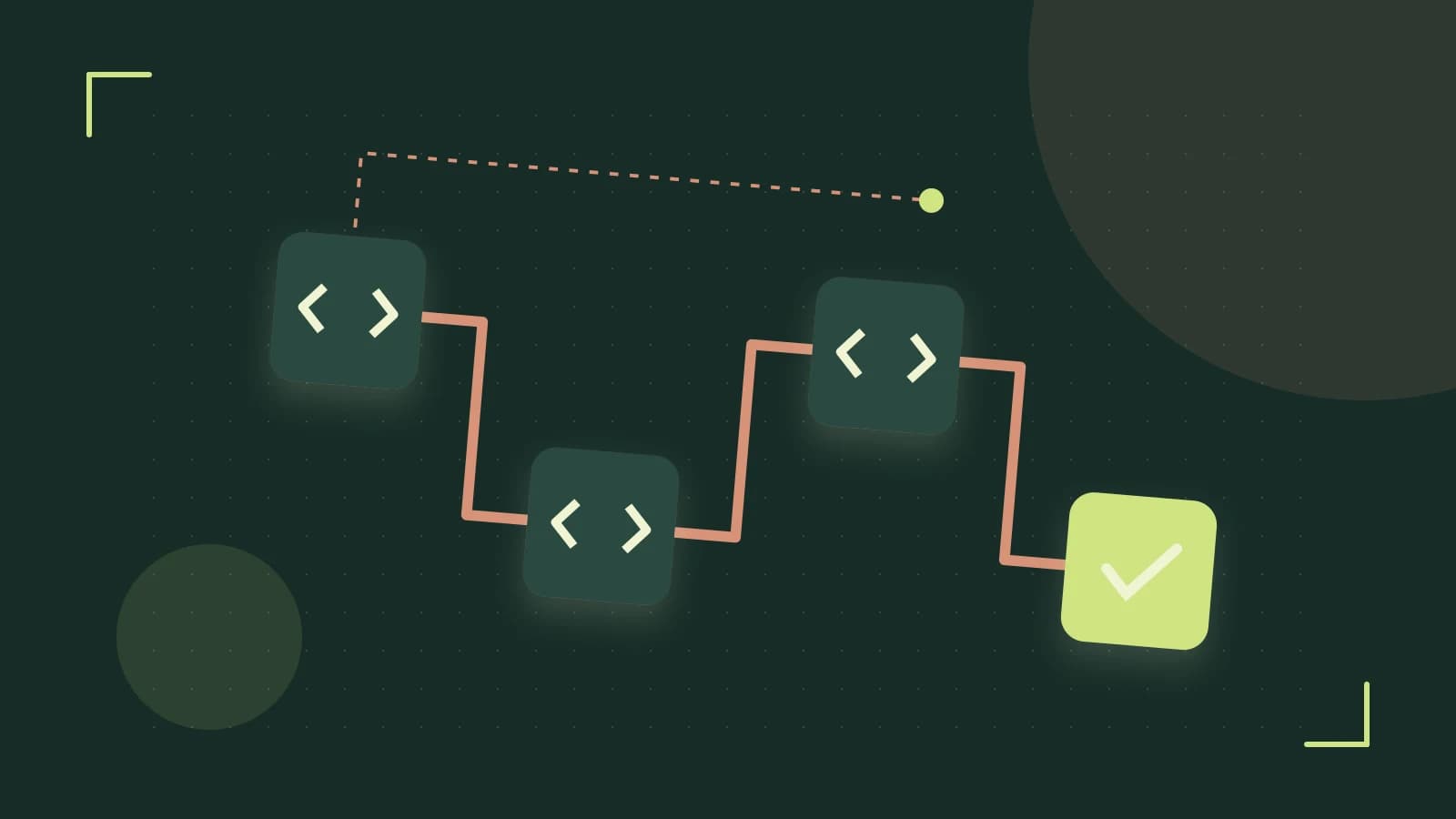 Editorial illustration of a branching build pipeline, staged transformations and a completed check