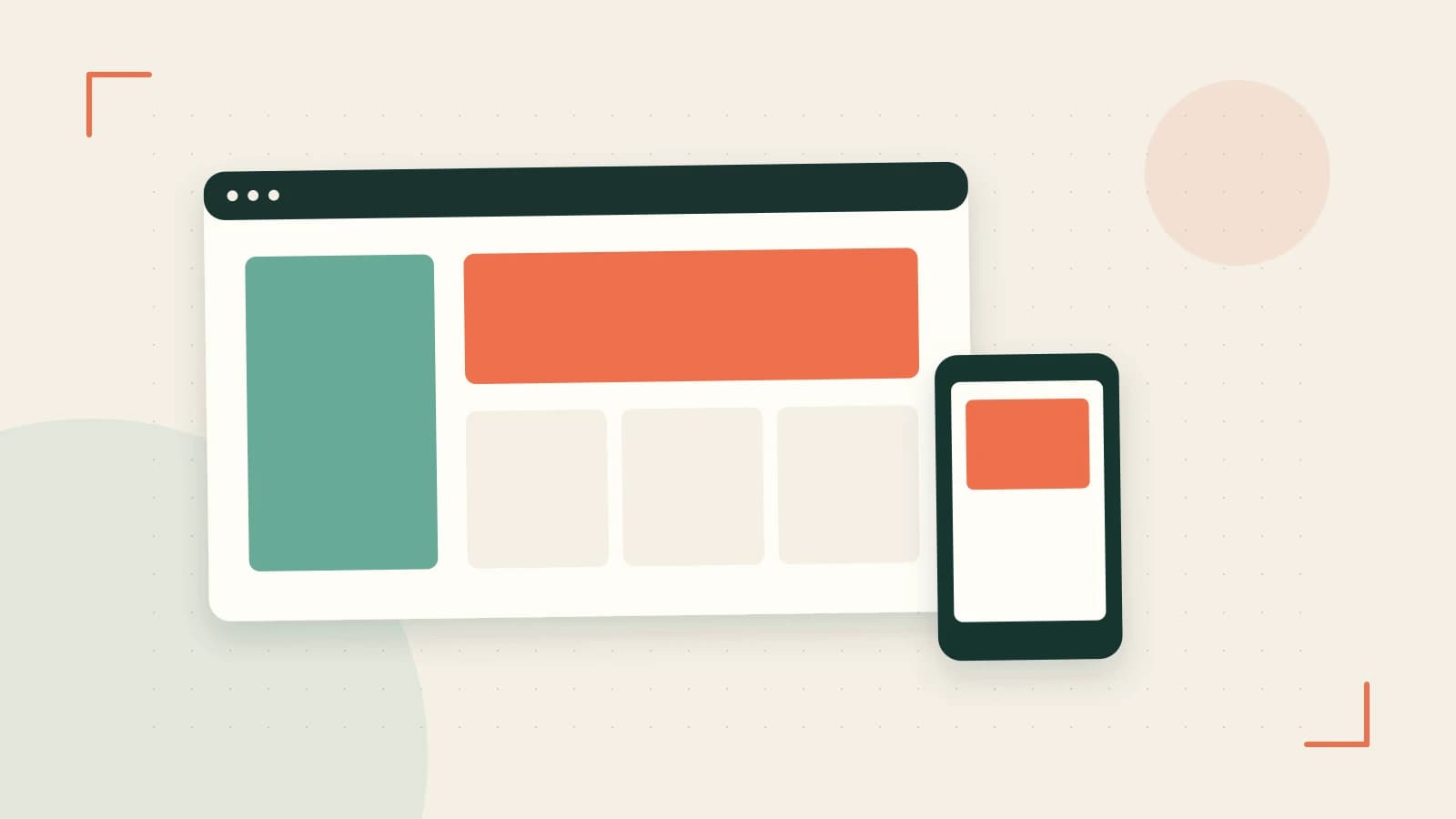 Editorial illustration of responsive browser layouts, overlapping design components and a color system