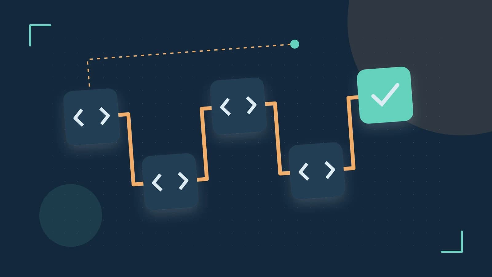 Editorial illustration of a branching build pipeline, staged transformations and a completed check
