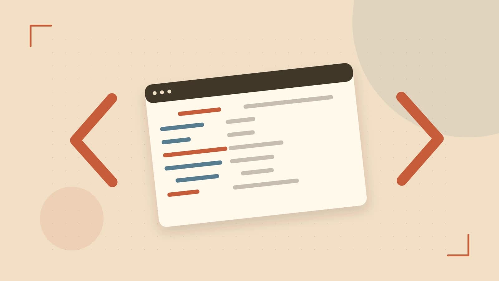 Editorial illustration of an abstract code editor, syntax blocks and oversized programming brackets
