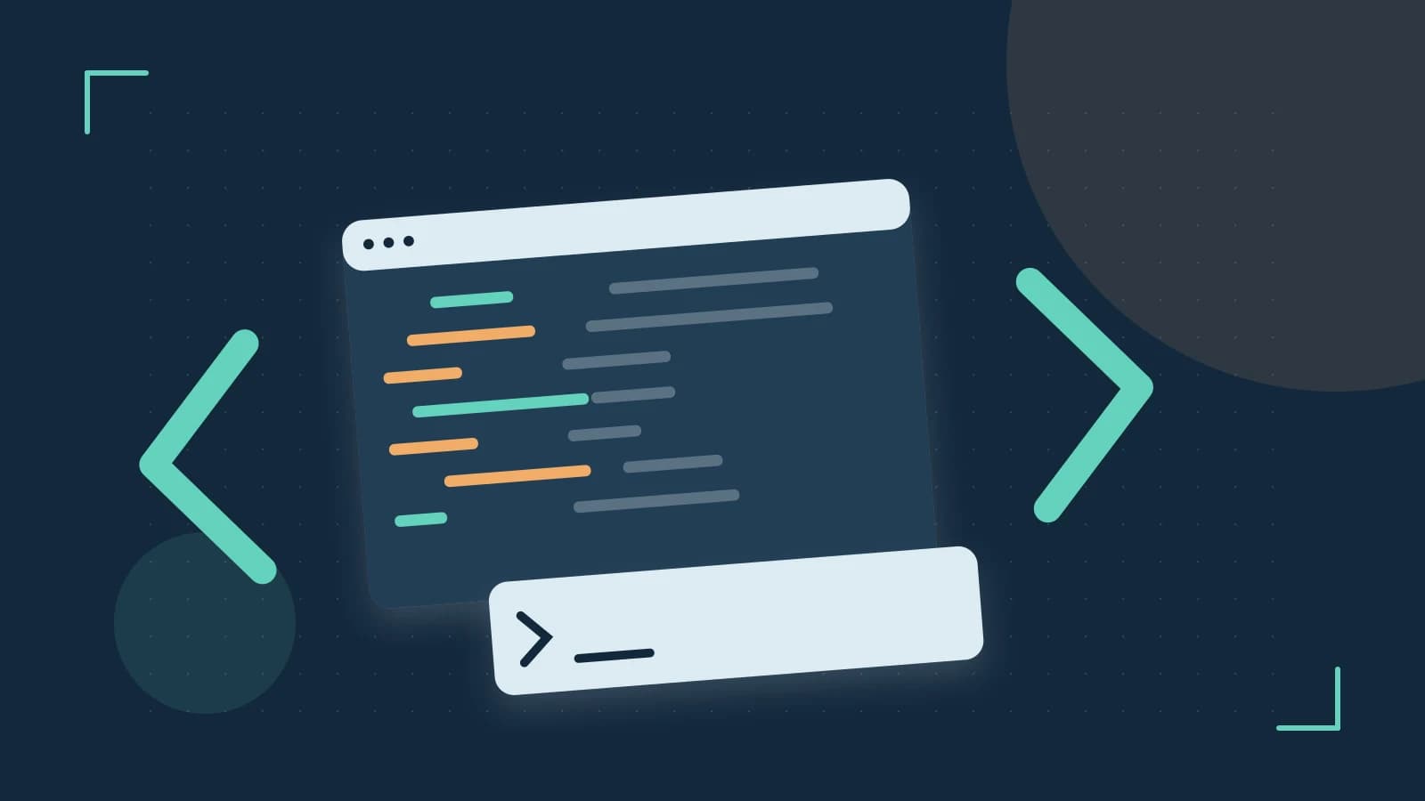 Editorial illustration of an abstract code editor, syntax blocks and oversized programming brackets
