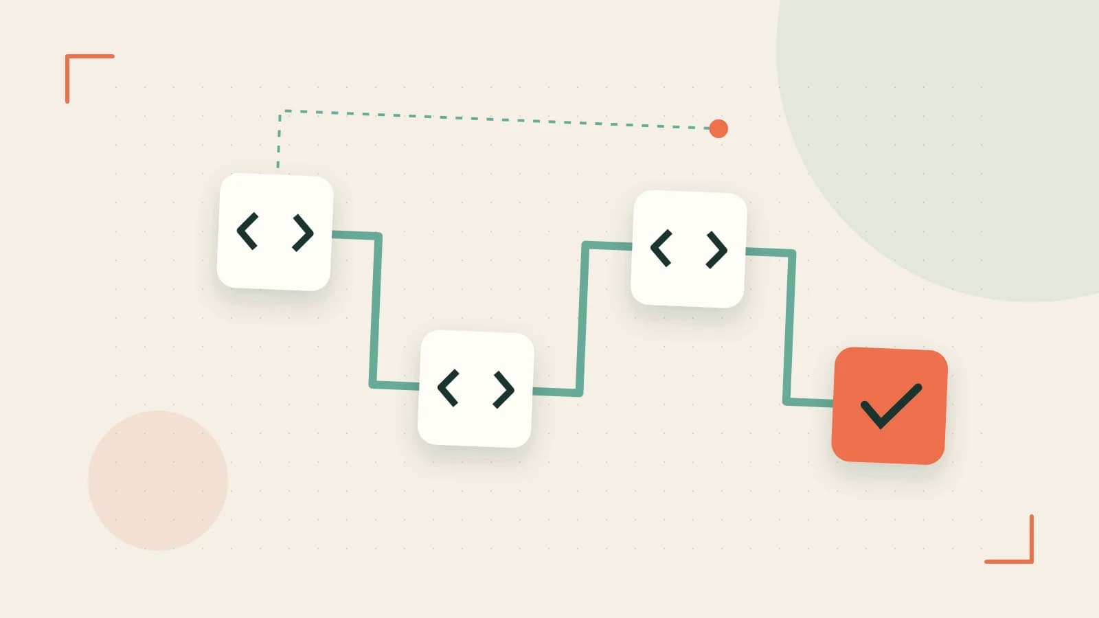 Editorial illustration of a branching build pipeline, staged transformations and a completed check