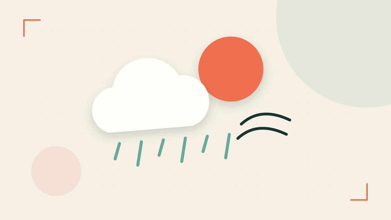 Editorial illustration of a sun, layered clouds, raindrops and flowing weather patterns
