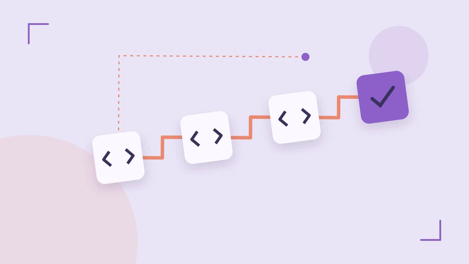 Editorial illustration of a branching build pipeline, staged transformations and a completed check