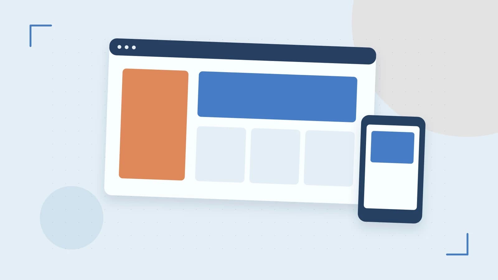 Editorial illustration of responsive browser layouts, overlapping design components and a color system