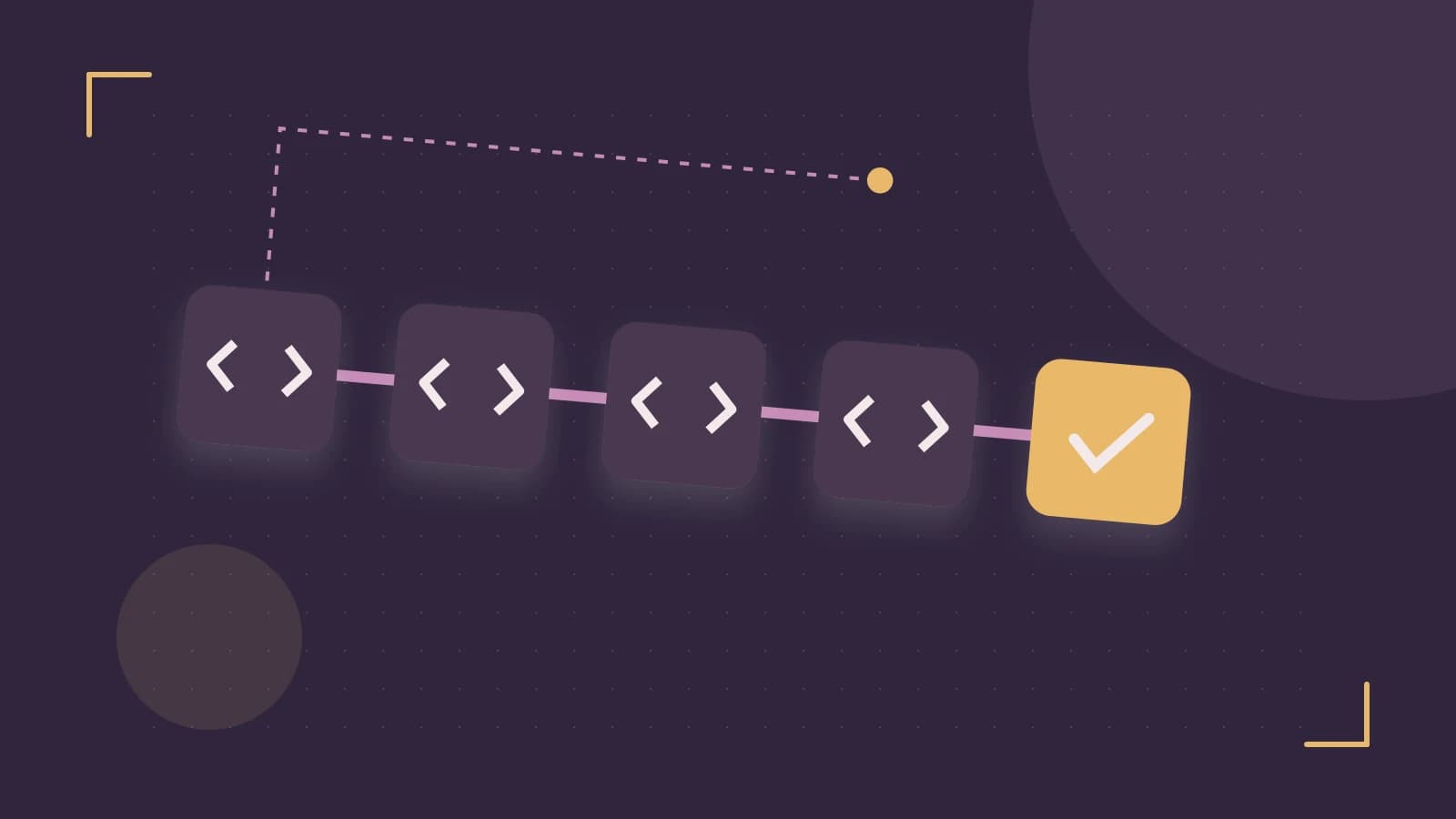 Editorial illustration of a branching build pipeline, staged transformations and a completed check
