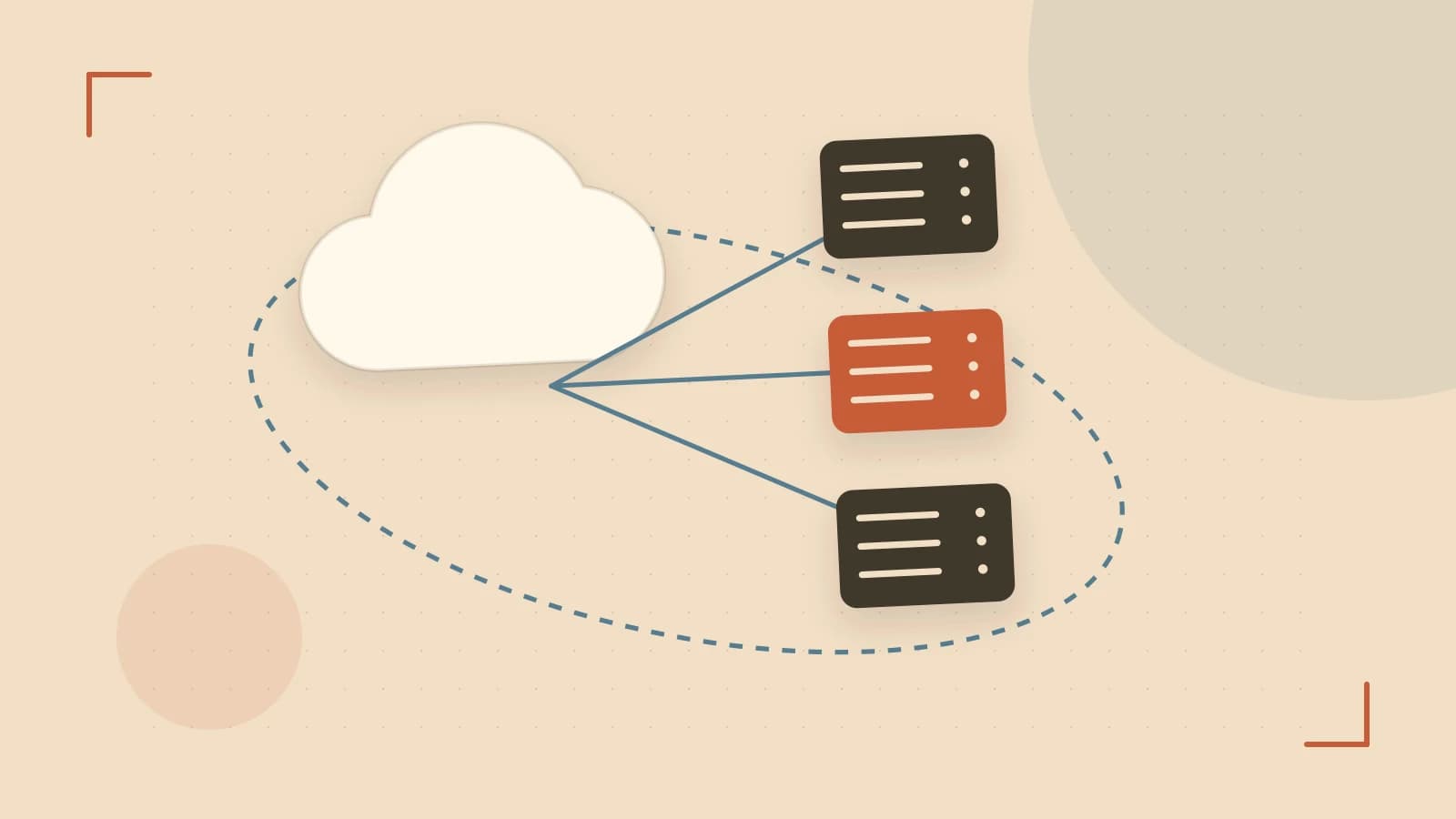 Editorial illustration of cloud infrastructure, connected server racks and an orbital service map