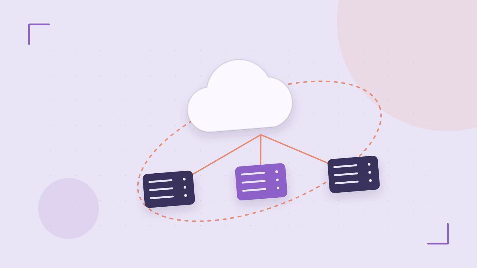 Editorial illustration of cloud infrastructure, connected server racks and an orbital service map