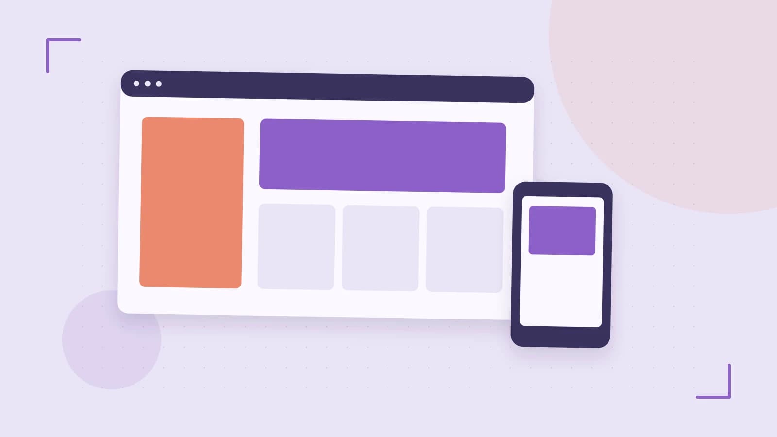 Editorial illustration of responsive browser layouts, overlapping design components and a color system