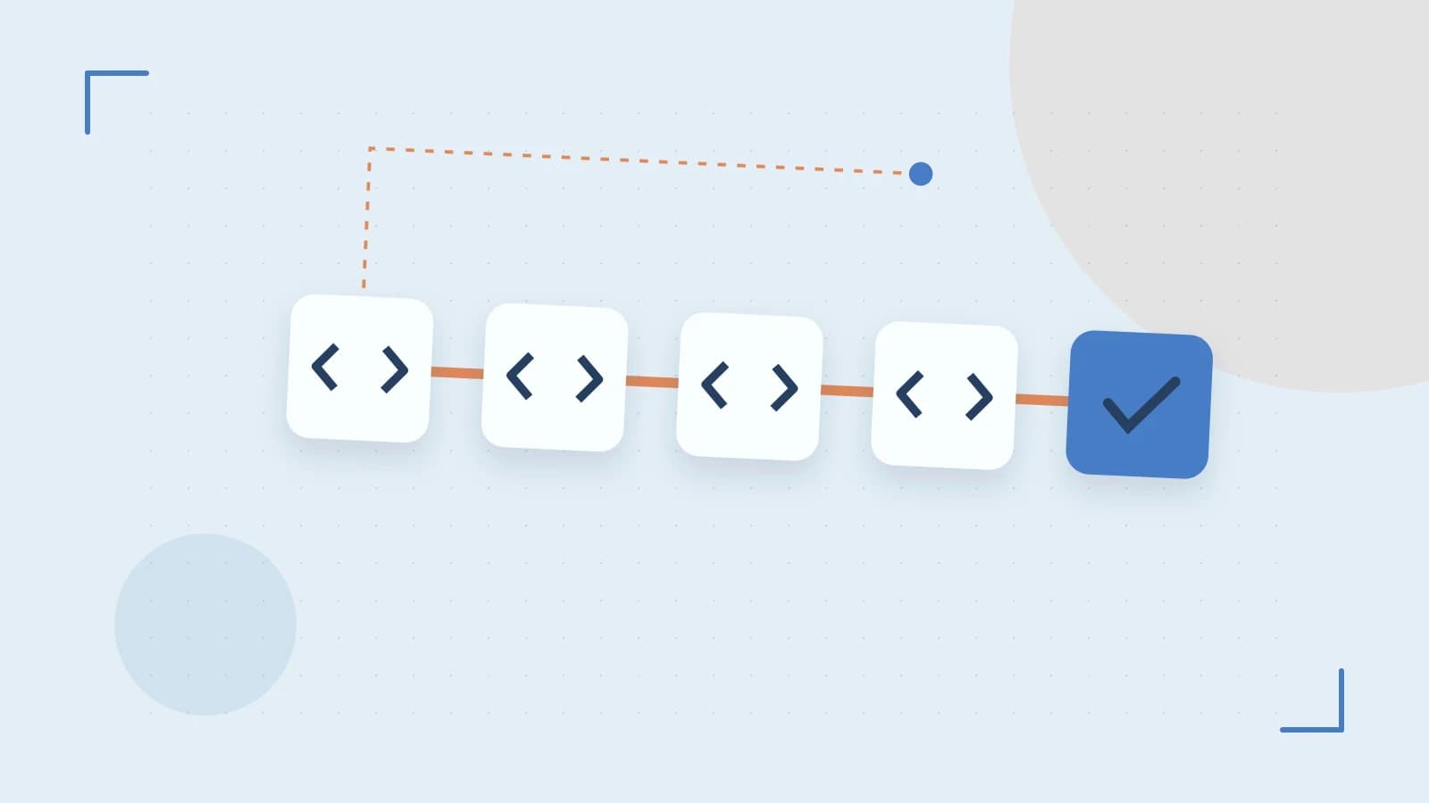 Editorial illustration of a branching build pipeline, staged transformations and a completed check