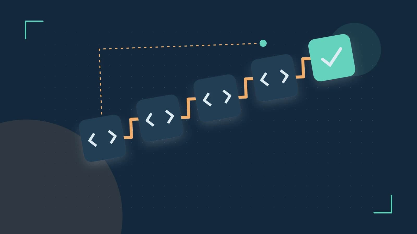 Editorial illustration of a branching build pipeline, staged transformations and a completed check