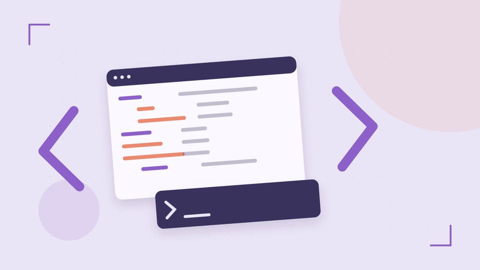 Editorial illustration of an abstract code editor, syntax blocks and oversized programming brackets