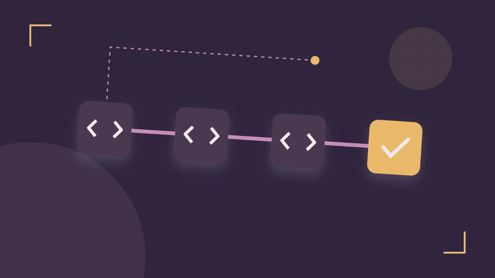 Editorial illustration of a branching build pipeline, staged transformations and a completed check