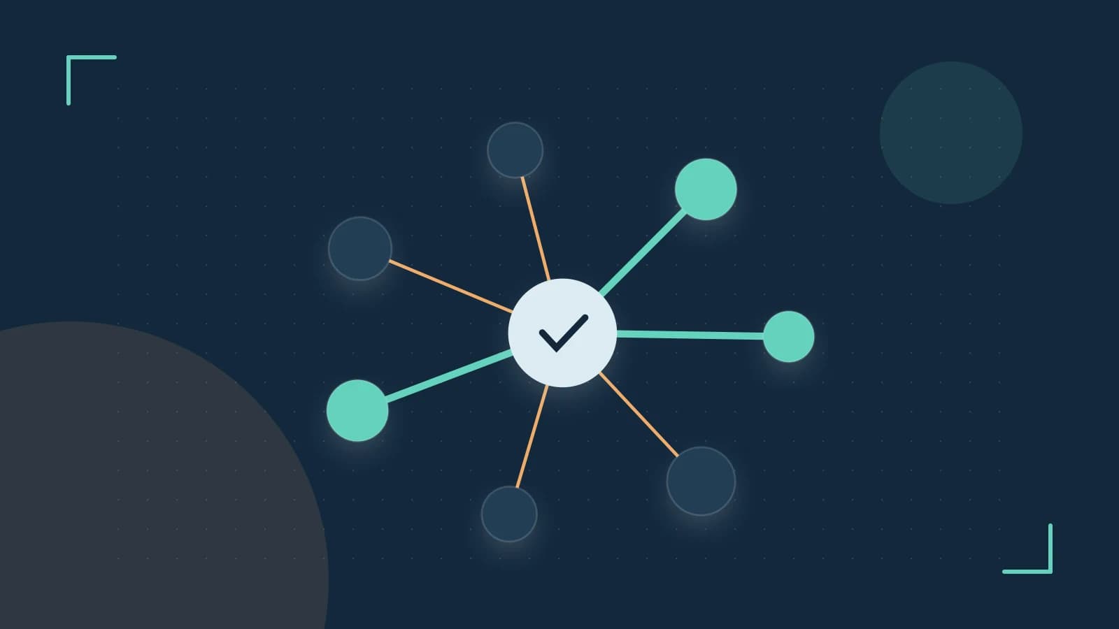 Editorial illustration of an algorithmic node graph with branching paths and a highlighted result