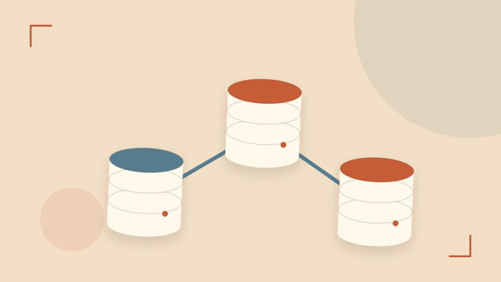 Editorial illustration of structured records, database cylinders and relationships between tables