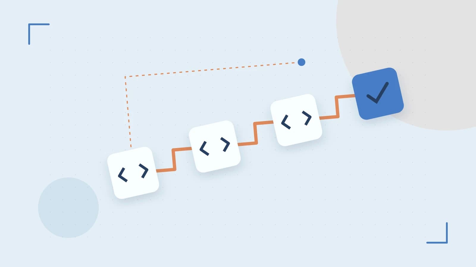 Editorial illustration of a branching build pipeline, staged transformations and a completed check