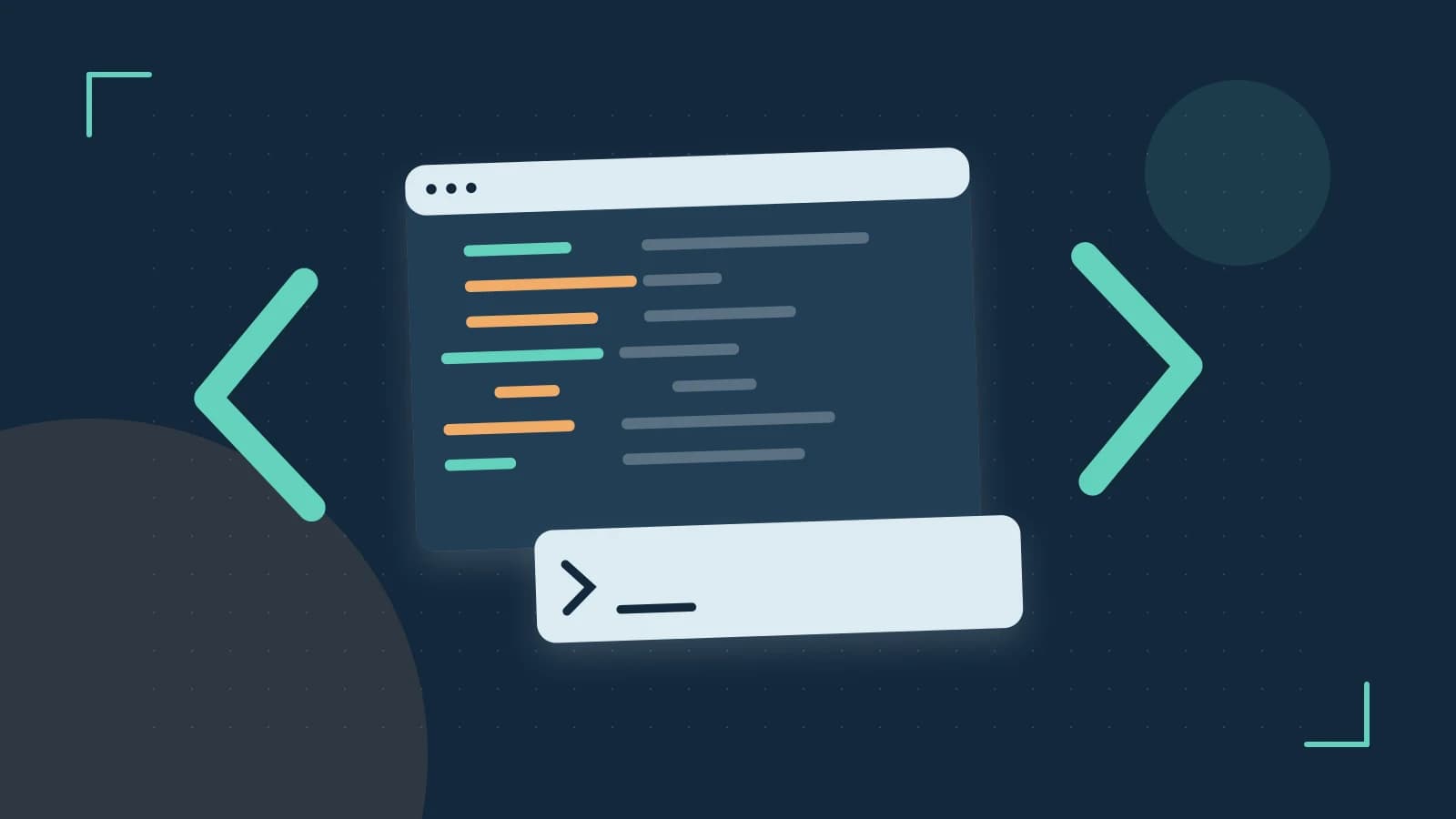 Editorial illustration of an abstract code editor, syntax blocks and oversized programming brackets