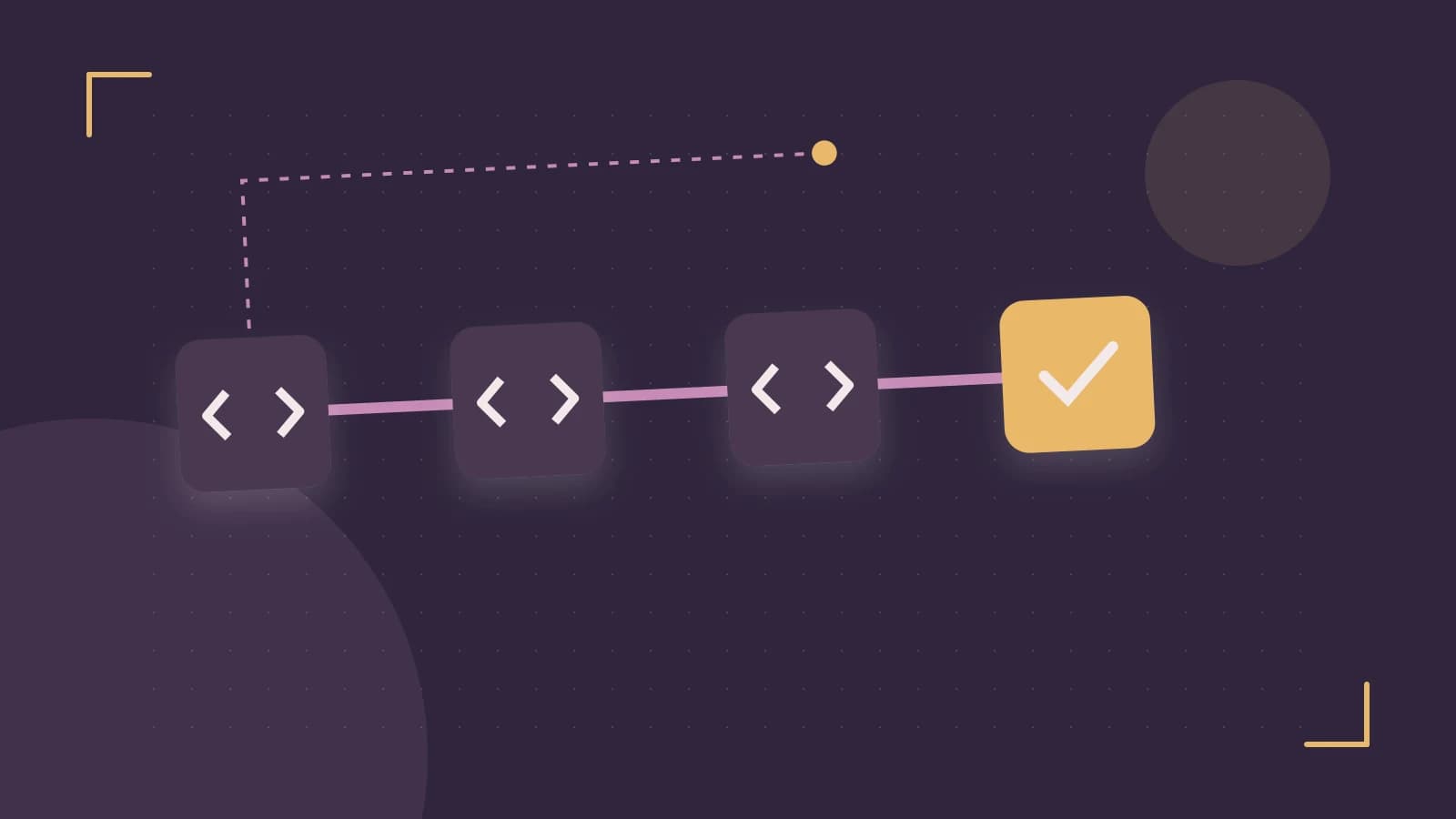Editorial illustration of a branching build pipeline, staged transformations and a completed check