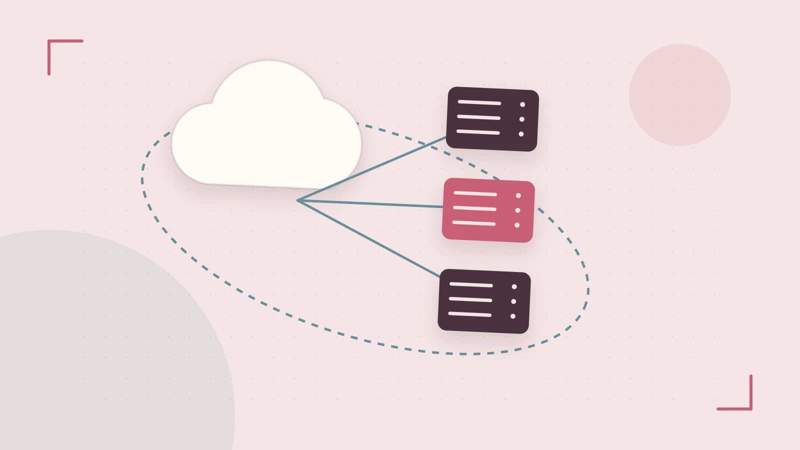Editorial illustration of cloud infrastructure, connected server racks and an orbital service map