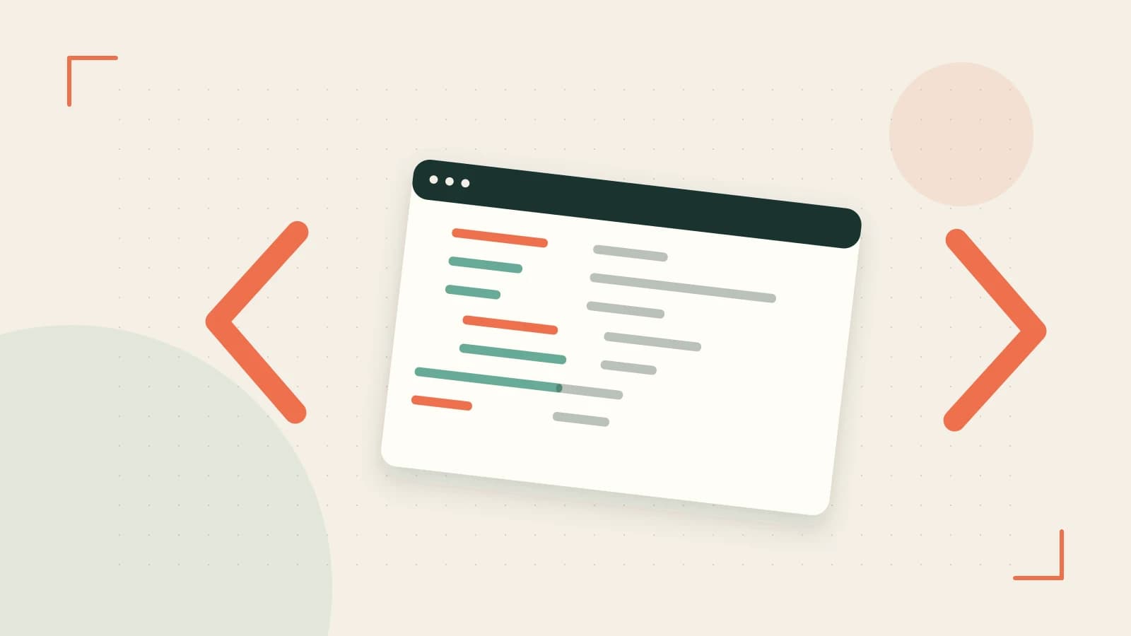 Editorial illustration of an abstract code editor, syntax blocks and oversized programming brackets