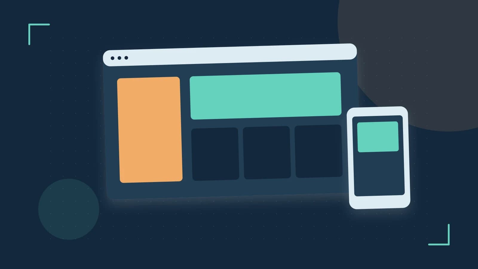 Editorial illustration of responsive browser layouts, overlapping design components and a color system