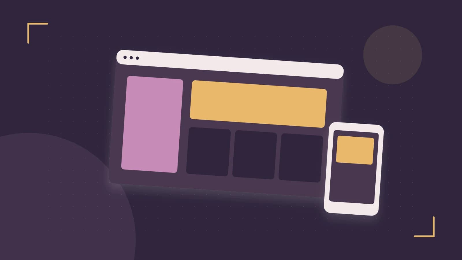 Editorial illustration of responsive browser layouts, overlapping design components and a color system
