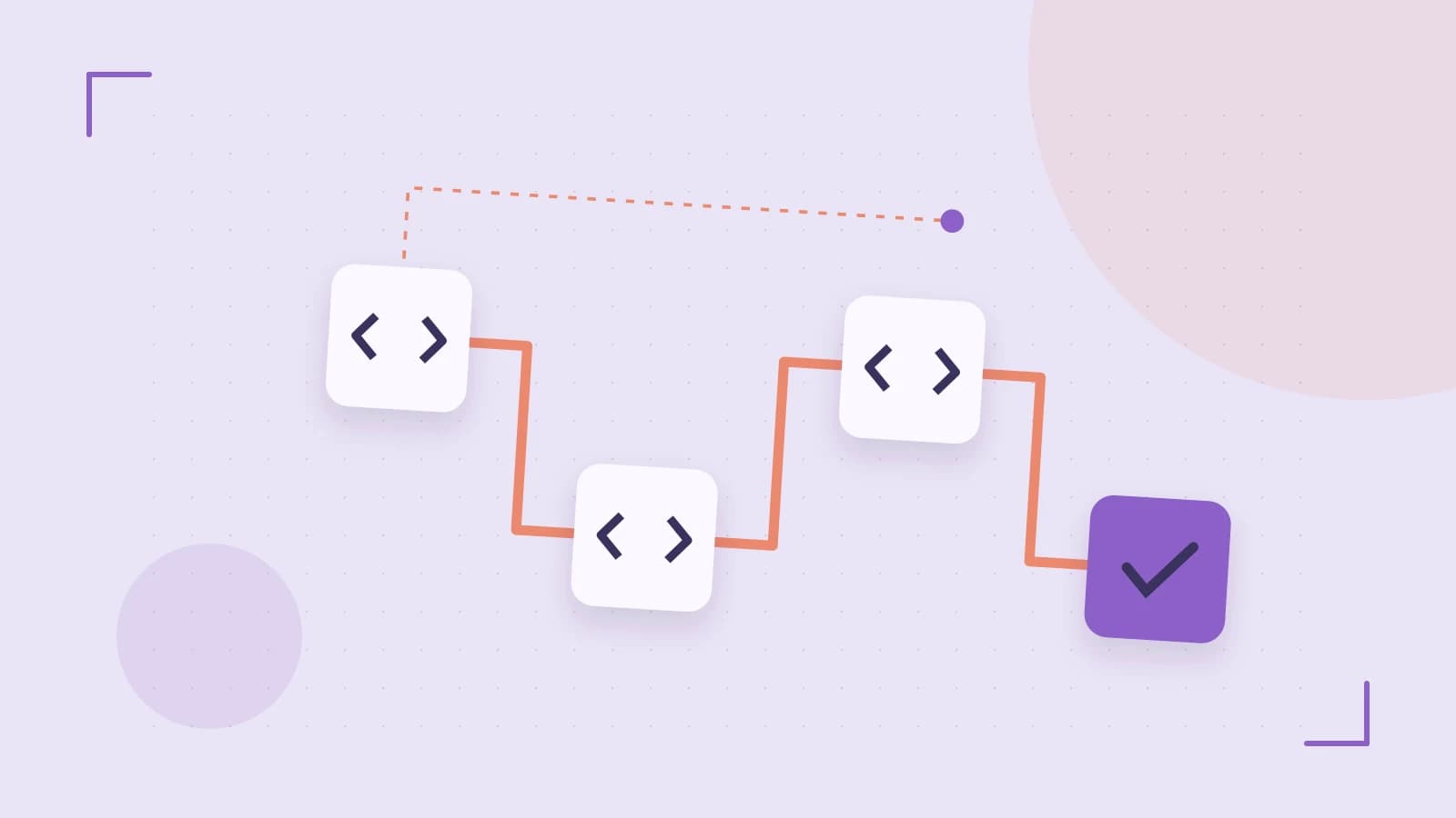 Editorial illustration of a branching build pipeline, staged transformations and a completed check