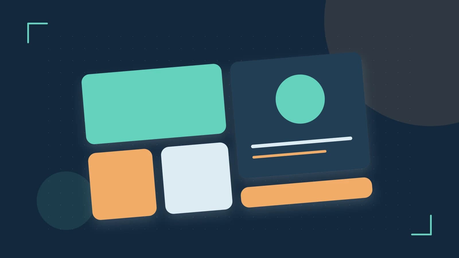 Editorial illustration of responsive browser layouts, overlapping design components and a color system