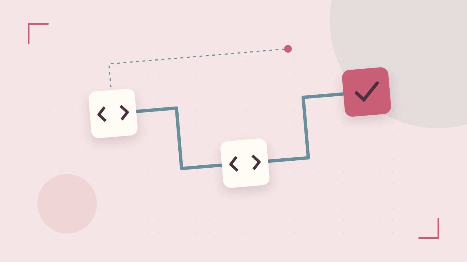 Editorial illustration of a branching build pipeline, staged transformations and a completed check