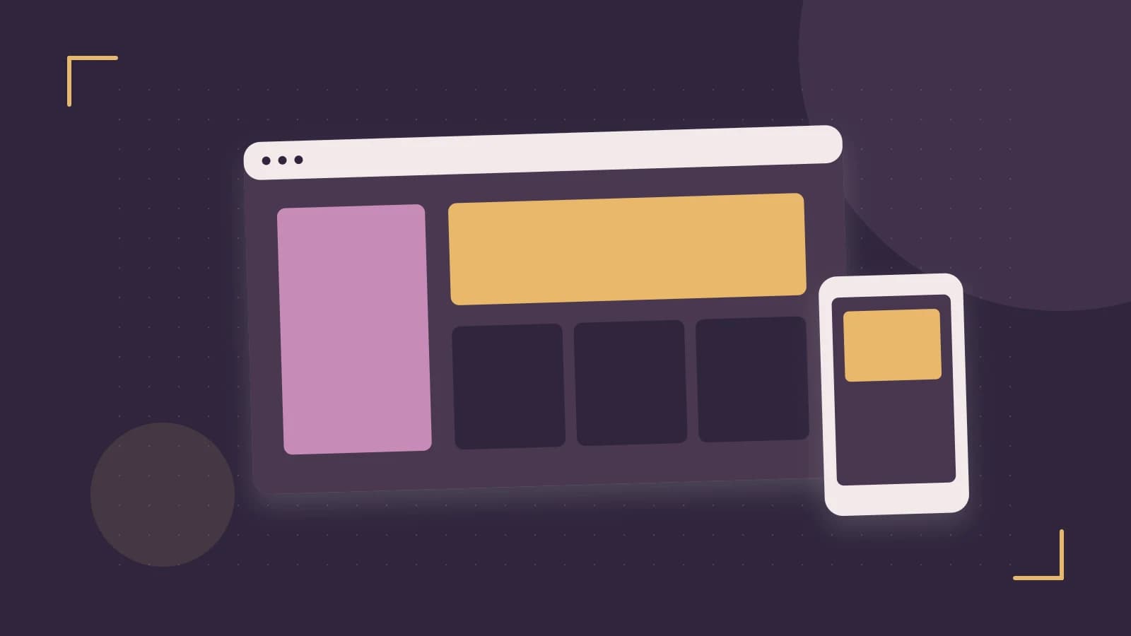 Editorial illustration of responsive browser layouts, overlapping design components and a color system