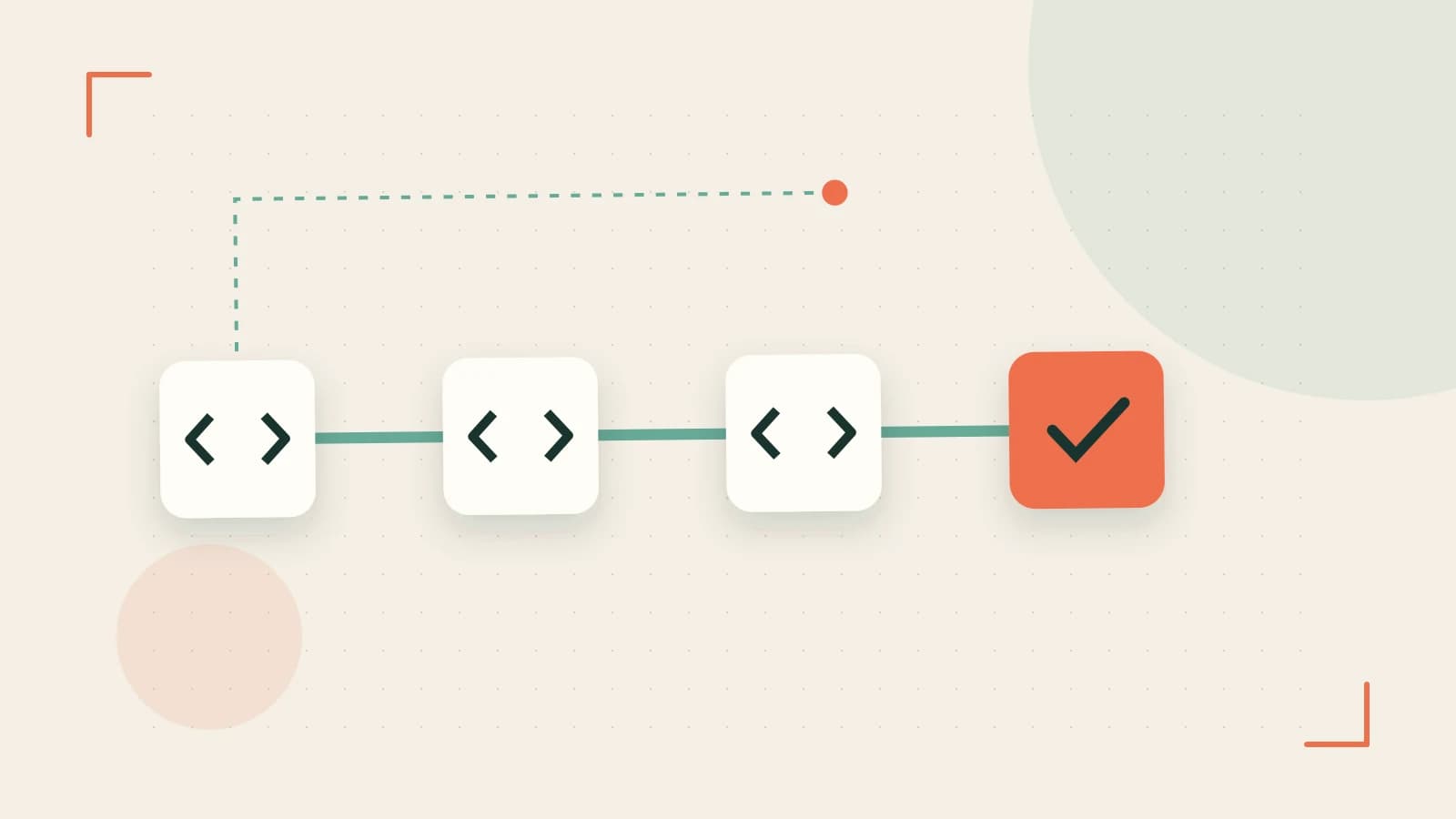 Editorial illustration of a branching build pipeline, staged transformations and a completed check